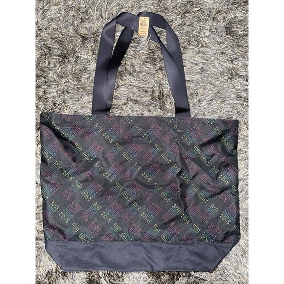 NWT PINK Victoria Secret Black Multi Color Logo Zipper Closure Large Tote NEW - Picture 1 of 7